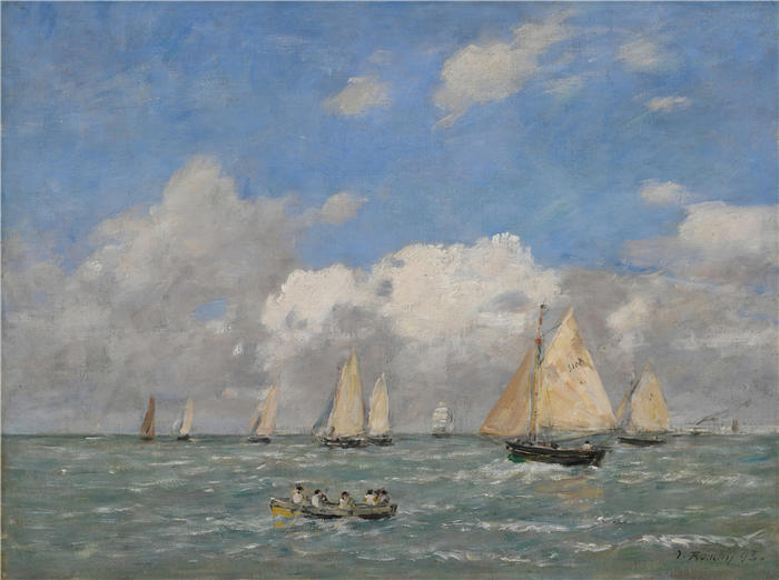 欧仁·布丁（Eugène Boudin，法国画家）高清作品-《特鲁维尔的船出口（1893年）(1)》