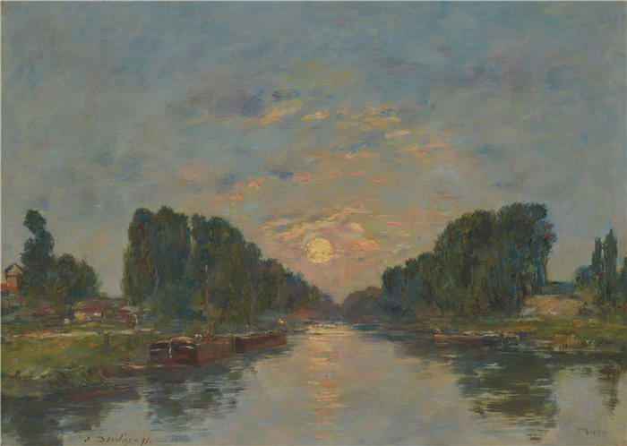 欧仁·布丁（Eugène Boudin，法国画家）高清作品-《索姆河畔圣瓦莱里。Effet de lune sur le 运河 (1891)》