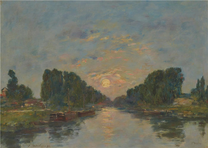 欧仁·布丁(Eugène Boudin,法国画家)高清作品-《索姆河畔圣瓦莱里。Effet de lune sur le 运河 (1891)》