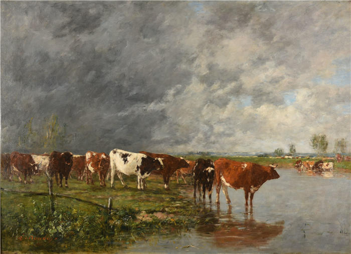 欧仁·布丁（Eugène Boudin，法国画家）高清作品-《羊群饮水（1880-1895）》