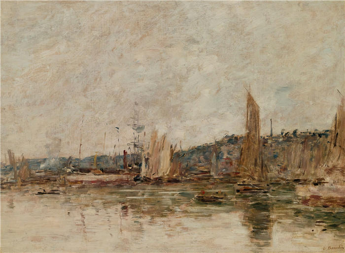 欧仁·布丁（Eugène Boudin，法国画家）高清作品-《翁弗勒尔，勒波特，勒马丁（约 1892-96 年）》