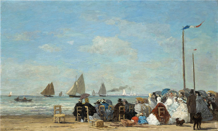 欧仁·布丁(Eugène Boudin,法国画家)高清作品-《特鲁维尔的海滩场景(1863 年)》