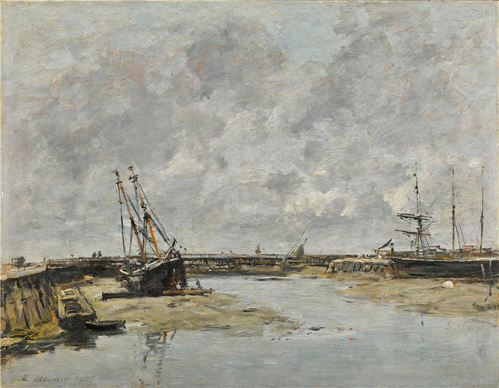 欧仁·布丁（Eugène Boudin，法国画家）高清作品-《特鲁维尔，码头，低潮（1885年）》