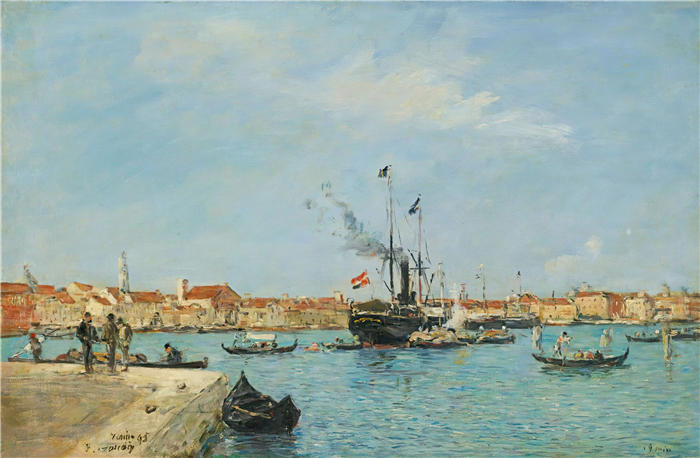 欧仁·布丁（Eugène Boudin，法国画家）高清作品-《威尼斯，大运河，Vapeurs Et Gondoles（1895 年）》