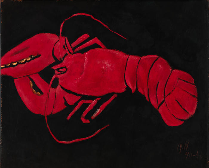 马斯登·哈特利（Marsden Hartley，美国画家）高清作品-《黑色背景上的龙虾（1940-1941）》
