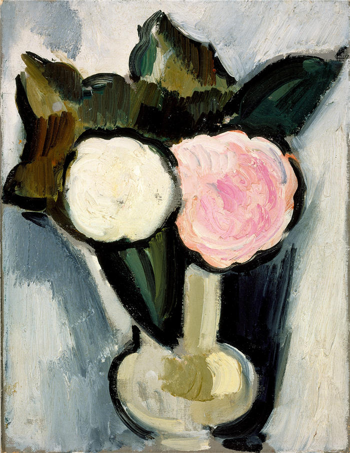 马斯登·哈特利（Marsden Hartley，美国画家）高清作品-《花瓶中的粉红色和白色花朵（约 1929 年）》