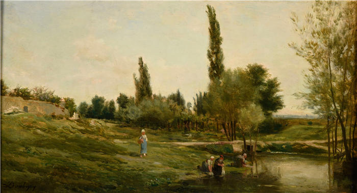 查尔斯·弗朗索瓦·杜比尼（Charles-Francois Daubigny，法国画家）高清作品-《带洗衣妇女的景观》