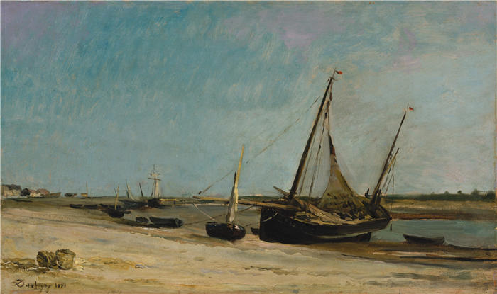 查尔斯·弗朗索瓦·杜比尼(Charles-Francois Daubigny,法国画家)高清作品-《Étaples 海岸上的船只(1871 年)》