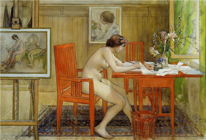 卡尔·拉尔森（ Carl Larsson，瑞典画家）高清作品-《写明信片的模特（1906）》