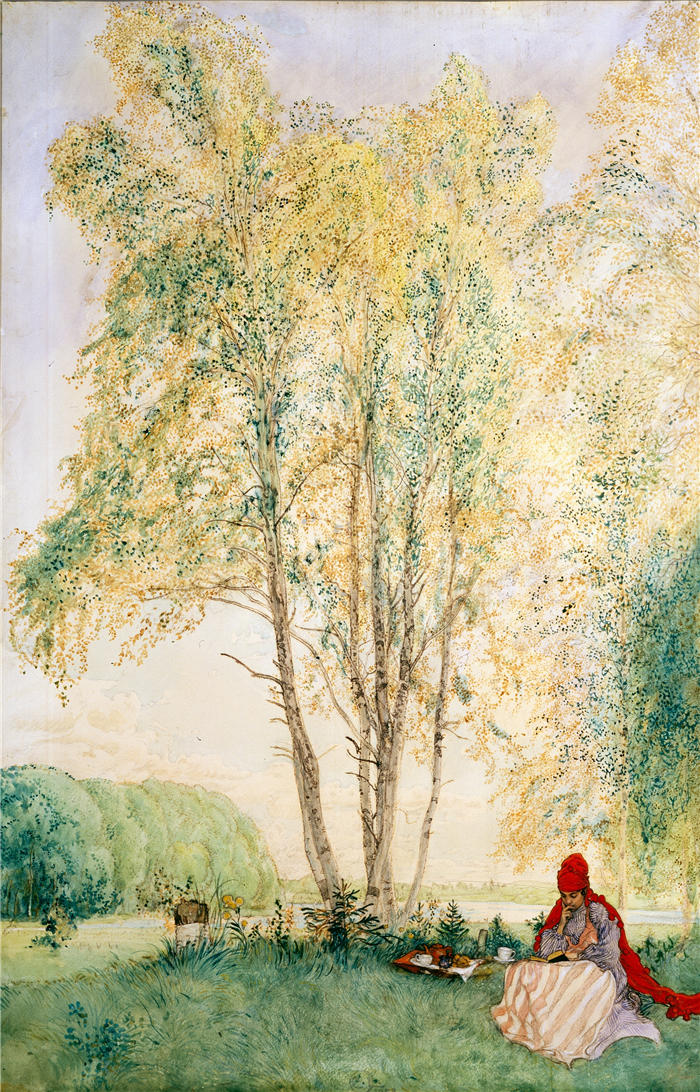 卡尔·拉尔森（ Carl Larsson，瑞典画家）高清作品-《在桦树下 (1902)》