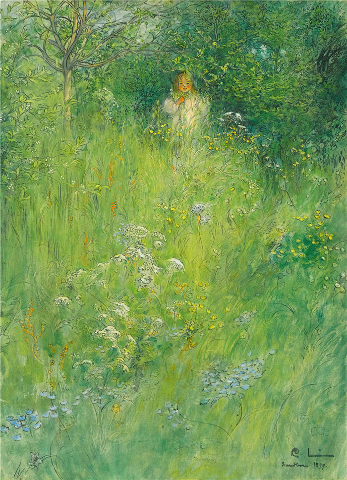 卡尔·拉尔森（ Carl Larsson，瑞典画家）高清作品-《仙女（草地上的克斯蒂）（1899）》