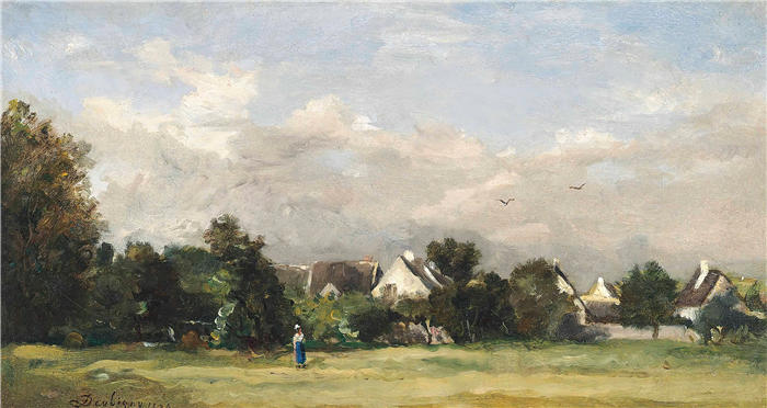 查尔斯·弗朗索瓦·杜比尼（Charles-Francois Daubigny，法国画家）高清作品-《村庄附近的农民（1876年）》