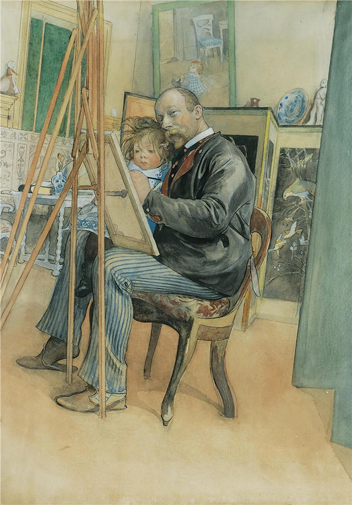 卡尔·拉尔森（ Carl Larsson，瑞典画家）高清作品-《与布丽塔镜像（1895）》