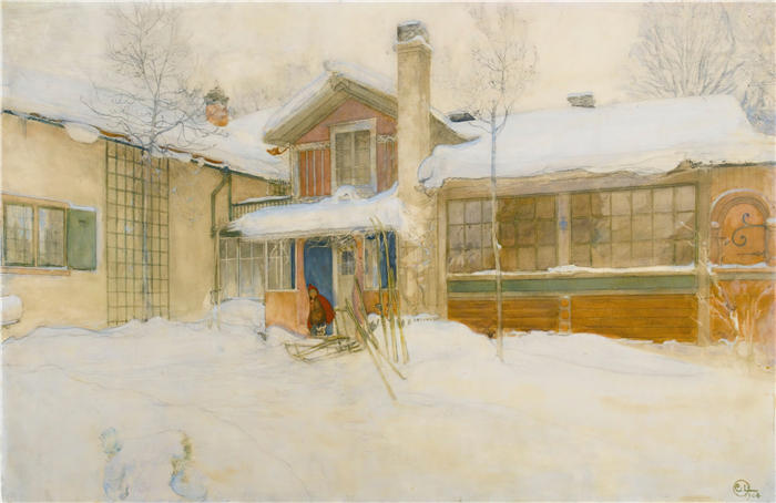卡尔·拉尔森（ Carl Larsson，瑞典画家）高清作品-《我在冬天的乡村小屋，桑德伯恩 (1904)》