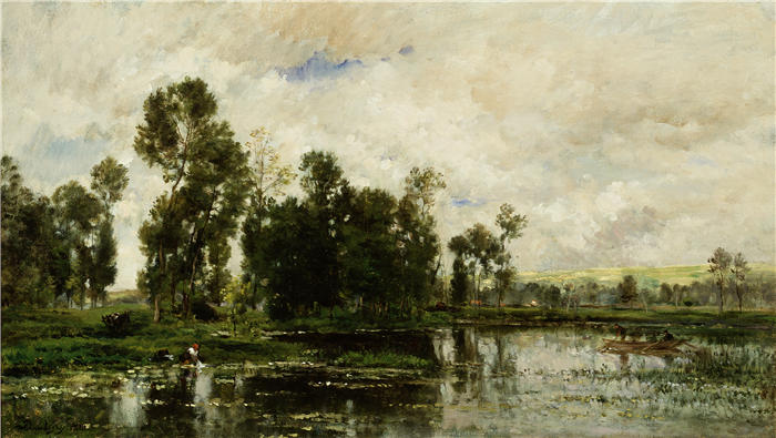 查尔斯·弗朗索瓦·杜比尼（Charles-Francois Daubigny，法国画家）高清作品-《池塘边 (1873)》