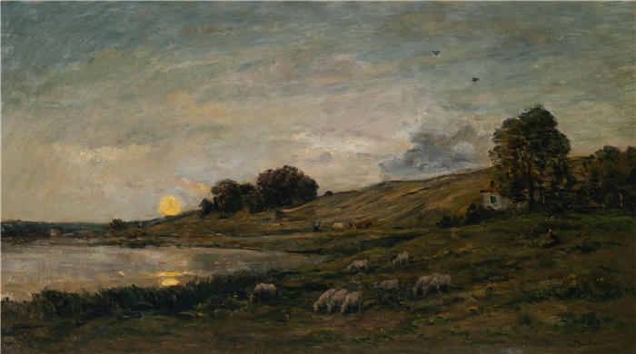 查尔斯·弗朗索瓦·杜比尼（Charles-Francois Daubigny，法国画家）高清作品-《河边羊群（1875）》