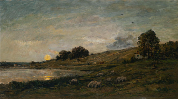 查尔斯·弗朗索瓦·杜比尼(Charles-Francois Daubigny,法国画家)高清作品-《河边羊群(1875)》