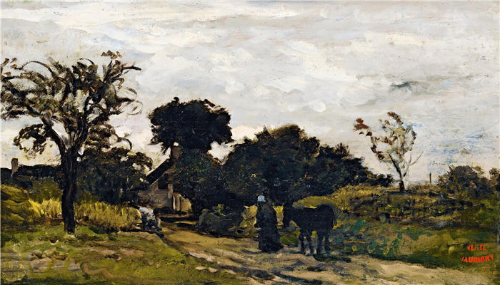 查尔斯·弗朗索瓦·杜比尼(Charles-Francois Daubigny,法国画家)高清作品-《路上的农妇》