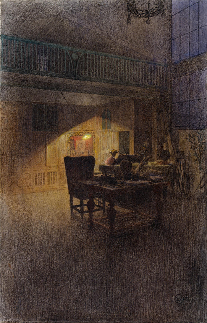 卡尔·拉尔森（ Carl Larsson，瑞典画家）高清作品-《在钢琴前 (1900)》