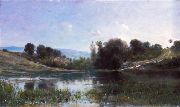 查尔斯·弗朗索瓦·杜比尼（Charles-Francois Daubigny，法国画家）高清作品-《Gylieu 的池塘（1854 年至 1869 年间）》
