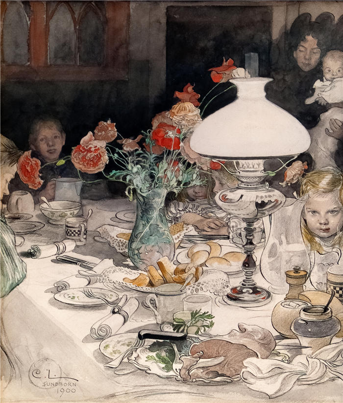 卡尔·拉尔森（ Carl Larsson，瑞典画家）高清作品-《黄昏灯前 (1900)》