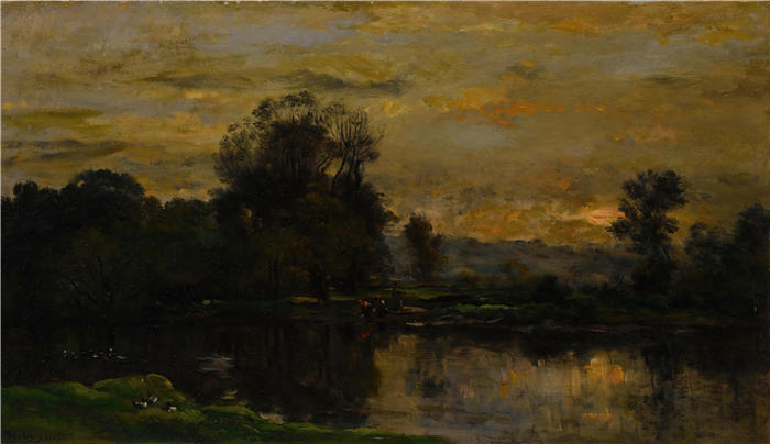 查尔斯·弗朗索瓦·杜比尼（Charles-Francois Daubigny，法国画家）高清作品-《风景与鸭子（1872）》