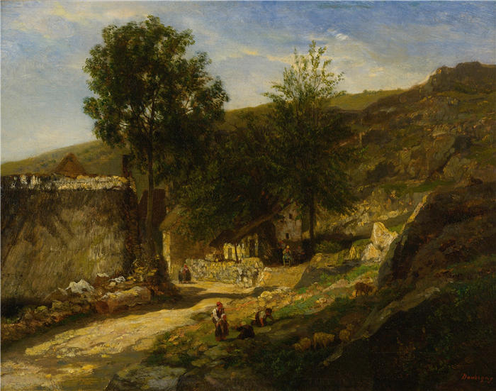 查尔斯·弗朗索瓦·杜比尼（Charles-Francois Daubigny，法国画家）高清作品-《村子入口》