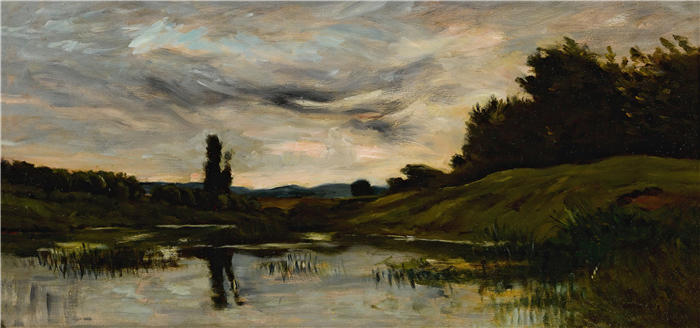 查尔斯·弗朗索瓦·杜比尼(Charles-Francois Daubigny,法国画家)高清作品-《日落在河边》