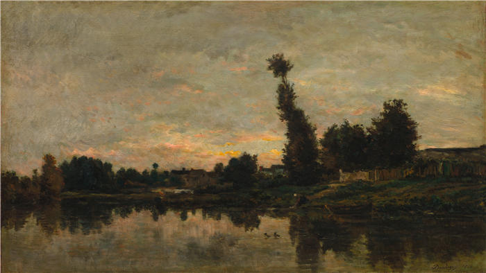 查尔斯·弗朗索瓦·杜比尼（Charles-Francois Daubigny，法国画家）高清作品-《瓦兹河上的日落（1866 年）》