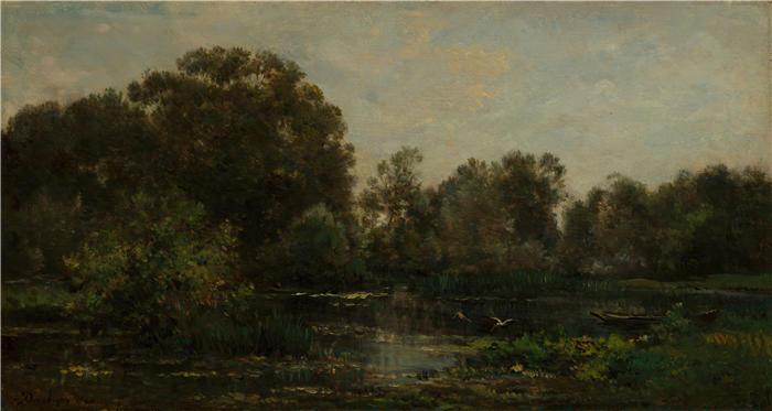 查尔斯·弗朗索瓦·杜比尼（Charles-Francois Daubigny，法国画家）高清作品-《有鹳的河景（1864 年）》