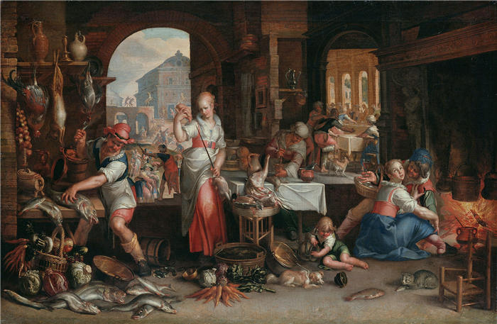 约阿希姆·维特维尔（Joachim Wtewael，荷兰画家）高清作品-《带有大晚餐寓言的厨房内部（1605 年）》