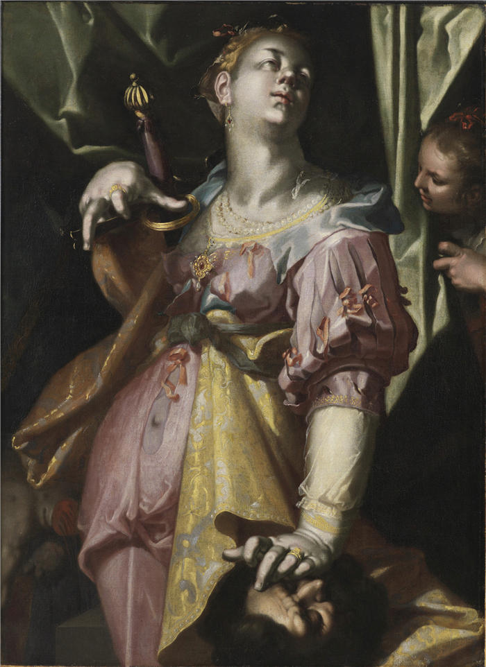 约阿希姆·维特维尔（Joachim Wtewael，荷兰画家）高清作品-《朱迪思和荷罗弗尼的头（约 1595–1600 年）》