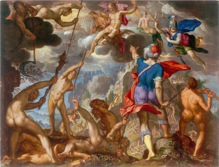 约阿希姆·维特维尔（Joachim Wtewael，荷兰画家）高清作品-《众神与巨人之间的战斗（C. 1608）》