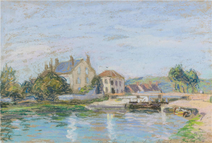 阿尔弗雷德·西斯利(Alfred Sisley,法国画家)高清作品-《草皮船闸边上的房屋》