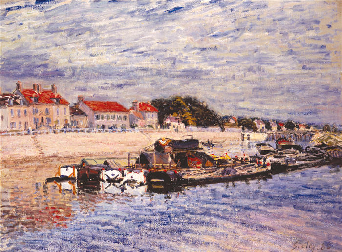 阿尔弗雷德·西斯利(Alfred Sisley,法国画家)高清作品-《Saint-Mammès 的驳船(1885 年)》