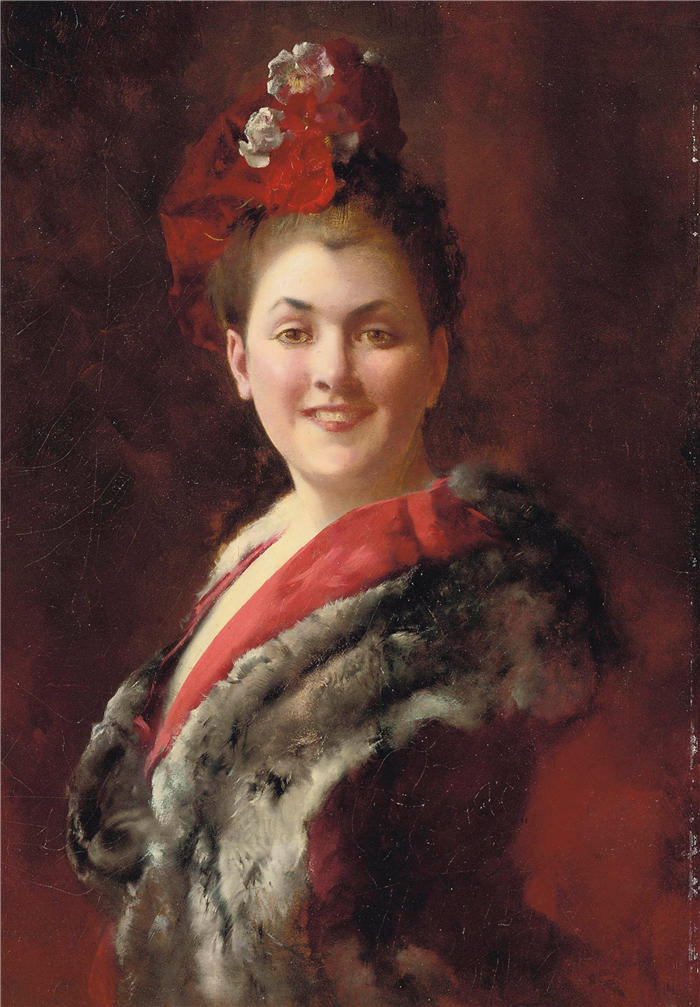 古斯塔夫·让·雅凯（Gustave Jean Jacquet，法国画家）高清作品-《穿着毛皮披肩的女士》