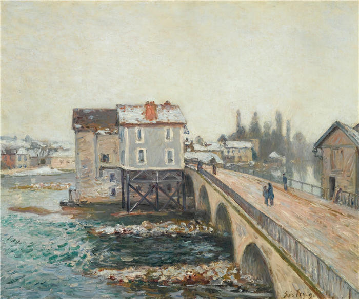 阿尔弗雷德·西斯利(Alfred Sisley,法国画家)高清作品-《莫雷特桥和磨坊-冬季效果(1890年)》