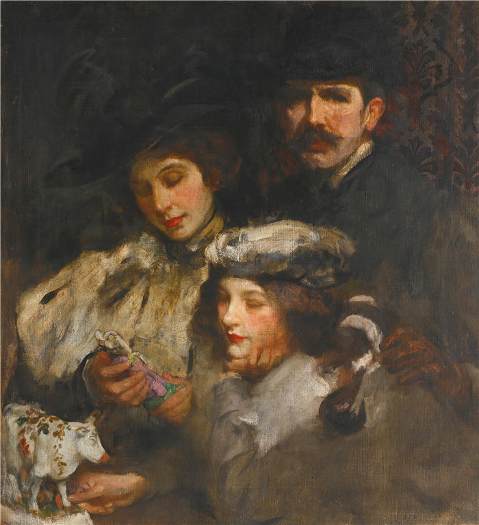 詹姆斯·杰布萨·香农 (James Jebusa Shannon,美国画家)高清作品-《画家,他的妻子和女儿》