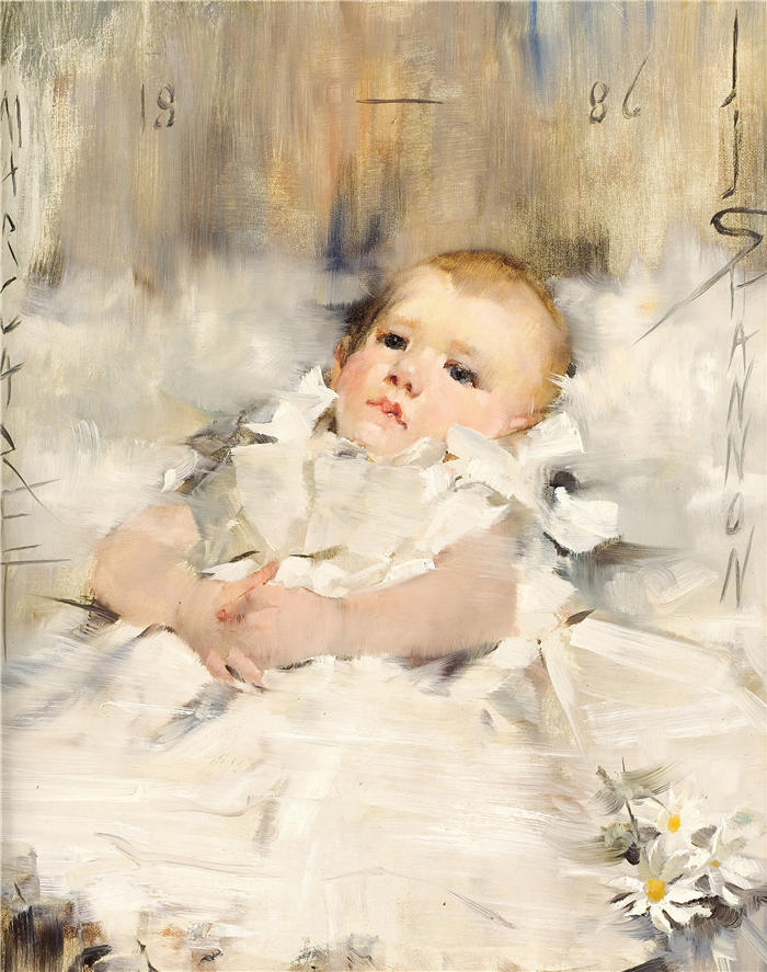 詹姆斯·杰布萨·香农 (James Jebusa Shannon，美国画家)高清作品-《穿着荷叶边连衣裙的婴儿（1886 年）》