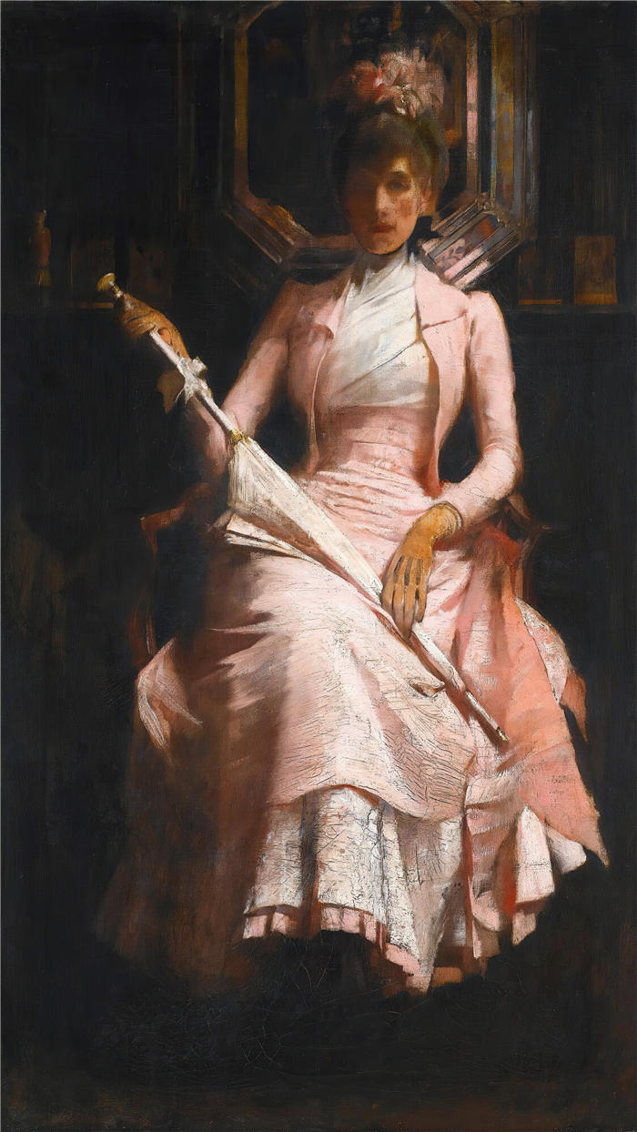 詹姆斯·杰布萨·香农 (James Jebusa Shannon，美国画家)高清作品-《粉色丝绸连衣裙》