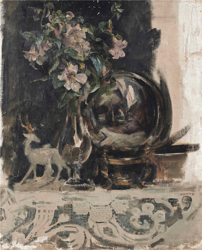 詹姆斯·杰布萨·香农 (James Jebusa Shannon,美国画家)高清作品-《壁炉架上的鲜花、雕像和地球仪的静物画》