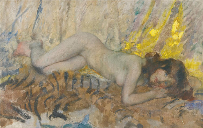 詹姆斯·杰布萨·香农 (James Jebusa Shannon，美国画家)高清作品-《老虎皮肤上的裸体》