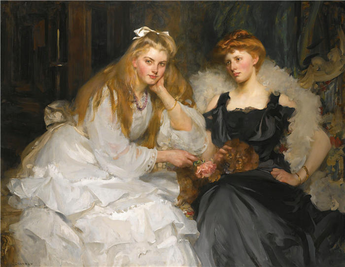 詹姆斯·杰布萨·香农 (James Jebusa Shannon,美国画家)高清作品-《W. Heward Bell 的女儿们的肖像》