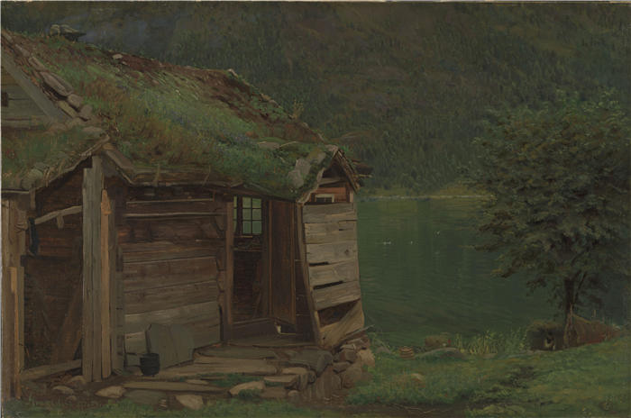 阿玛拉杜斯·尼尔森 （Amaldus Nielsen，挪威画家 ）高清作品-《Balestrand 的农舍（1865 年）》