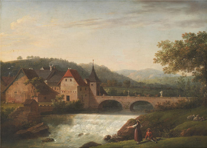 延斯·尤尔（Jens Juel，丹麦画家）高清作品-《瑞士多纳赫的桥和瀑布（1791 年）》