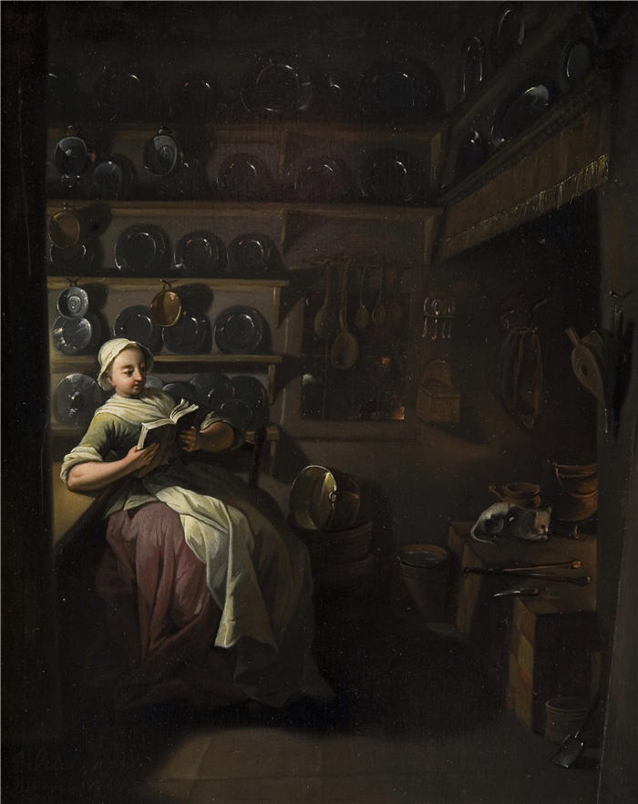 延斯·尤尔（Jens Juel，丹麦画家）高清作品-《厨房内有一个女孩读书（1764 年）》