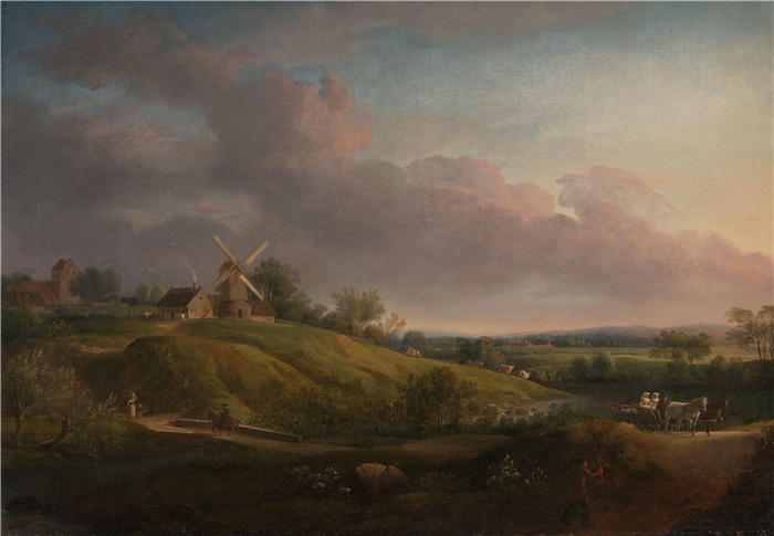 延斯·尤尔（Jens Juel，丹麦画家）高清作品-《景观与教堂和磨坊（1798 年）》