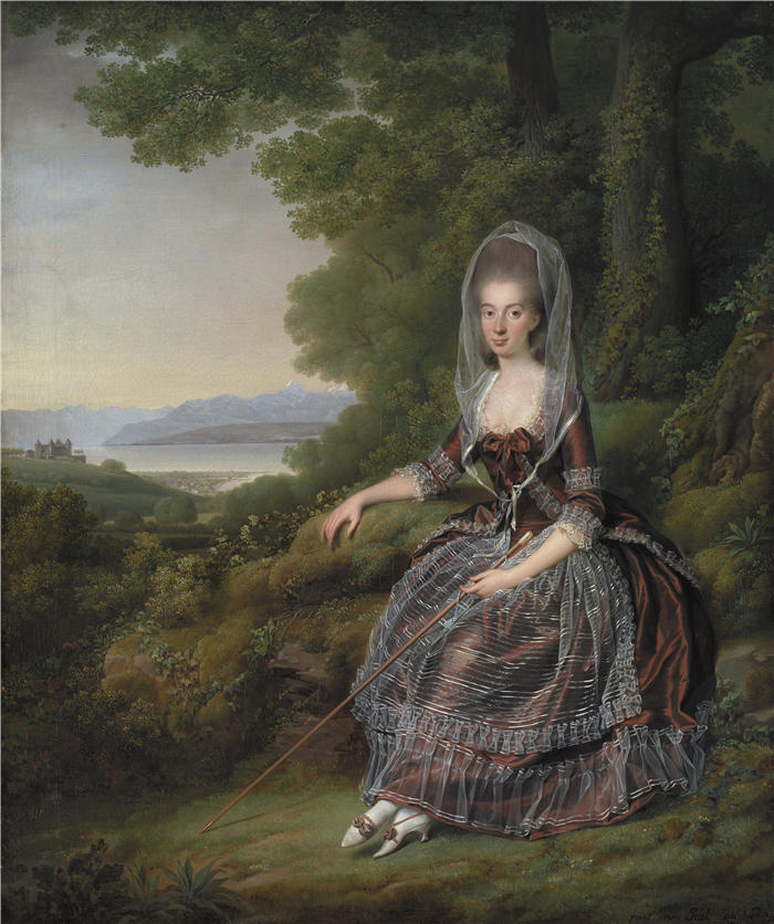 延斯·尤尔（Jens Juel，丹麦画家）高清作品-《男爵夫人玛蒂尔达·吉格·德·普兰金斯在日内瓦湖公园（1779 年）》