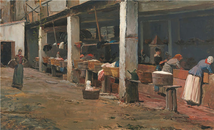 圣地亚哥·鲁西尼奥尔(Santiago Rusiñol,西班牙画家)高清作品-《巴塞罗那洗衣店》