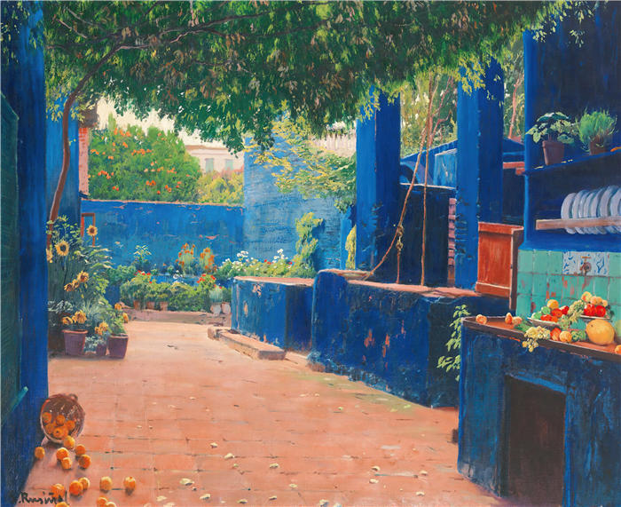圣地亚哥·鲁西尼奥尔（Santiago Rusiñol，西班牙画家）高清作品-《蓝色庭院，阿雷尼斯》